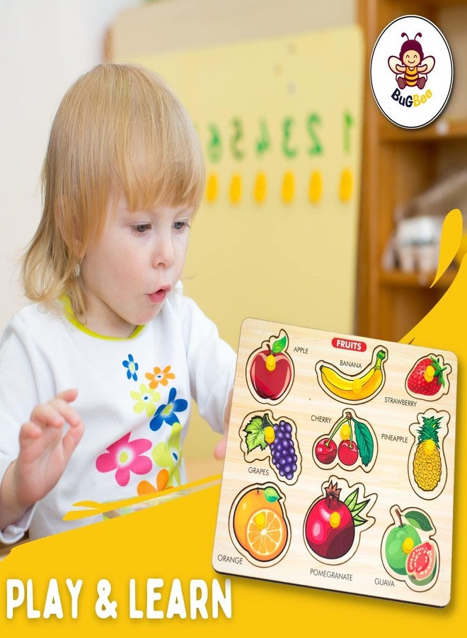 BuGBee Wooden Fruits & Vegetables Peg Puzzle Board | Montessori Learning Toys for Toddlers | Educational Wooden Puzzles for Kids 2-7 Years | Fine Motor Skills, Color & Shape Recognition Toy - Image 2